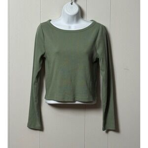 Gap Womens Cotton Blend Ribbed Long Sleeve Scoop Neck Top Olive Green Sz Medium